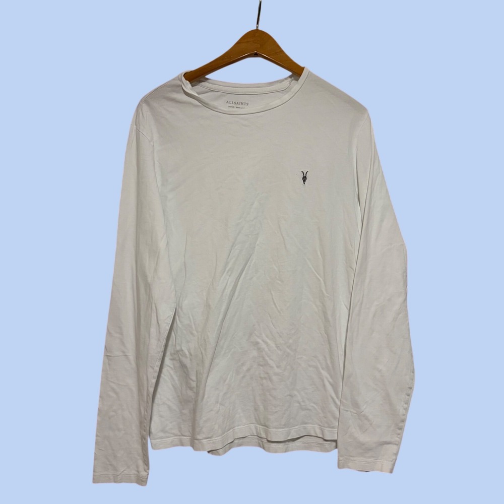AllSaints Long Sleeve T-Shirt Mens Large White UK Basic Cotton Layer Logo Relax
